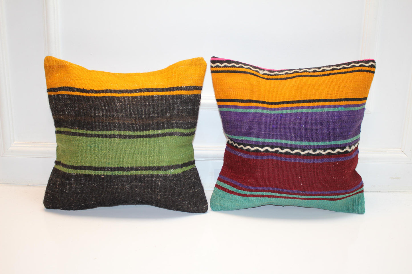 Set of 2 Handwoven Pillow Covers, Color Block Woven Cushions, Striped Boho Textile Pillows, Eclectic Home Decor (16x16 in)