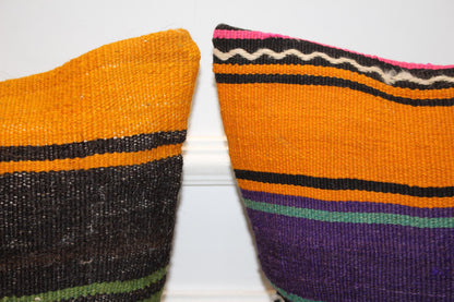 Set of 2 Handwoven Pillow Covers, Color Block Woven Cushions, Striped Boho Textile Pillows, Eclectic Home Decor (16x16 in)