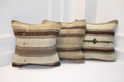 Set of 3 Woven Pillow Covers, Neutral Stripe Textile Cushions, Rustic Boho Accent Pillows, Natural Minimal Home Decor (16x16 in)
