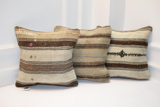 Set of 3 Woven Pillow Covers, Neutral Stripe Textile Cushions, Rustic Boho Accent Pillows, Natural Minimal Home Decor (16x16 in)