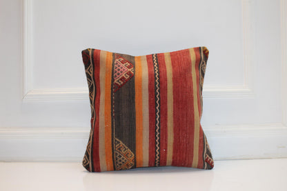 Handmade Striped Kilim Pillow Cover, Red Orange Earth Tones (16x16 in)