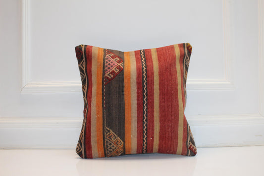 Handmade Striped Kilim Pillow Cover, Red Orange Earth Tones (16x16 in)
