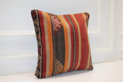 Handmade Striped Kilim Pillow Cover, Red Orange Earth Tones (16x16 in)
