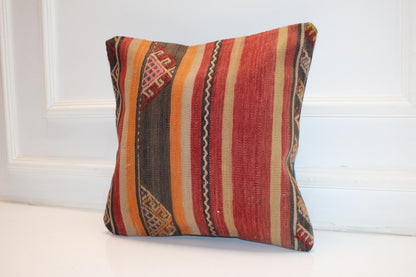 Handmade Striped Kilim Pillow Cover, Red Orange Earth Tones (16x16 in)