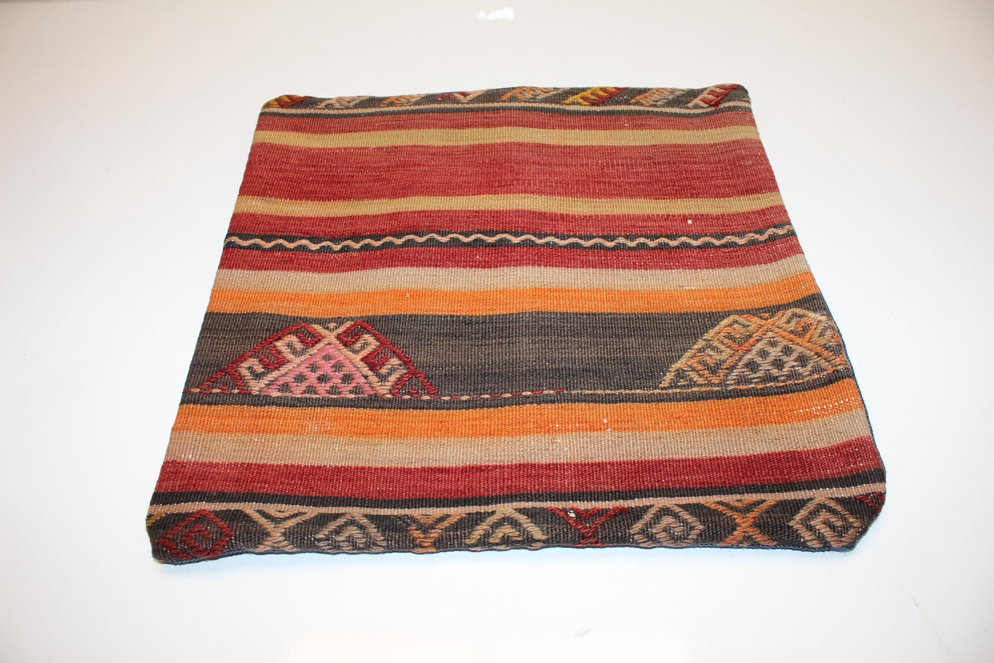 Handmade Striped Kilim Pillow Cover, Red Orange Earth Tones (16x16 in)