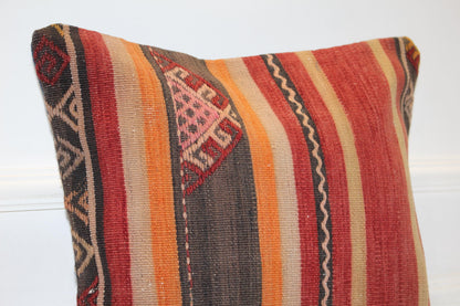 Handmade Striped Kilim Pillow Cover, Red Orange Earth Tones (16x16 in)