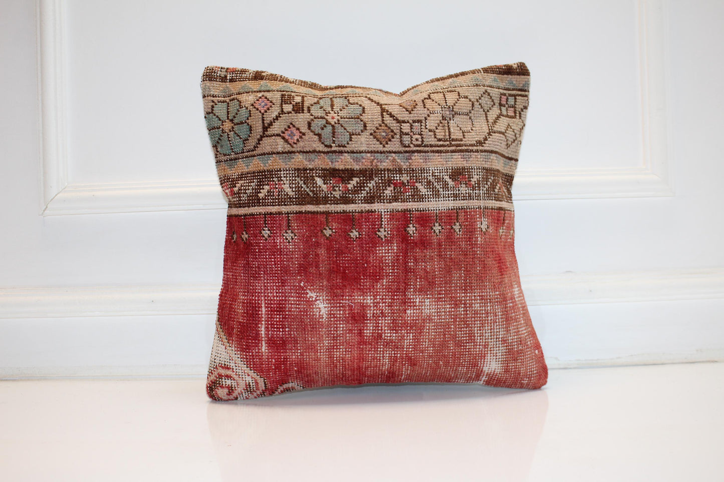 Red Floral Kilim Pillow Cover, Distressed Anatolian, Boho Home Decor (16x16 in)