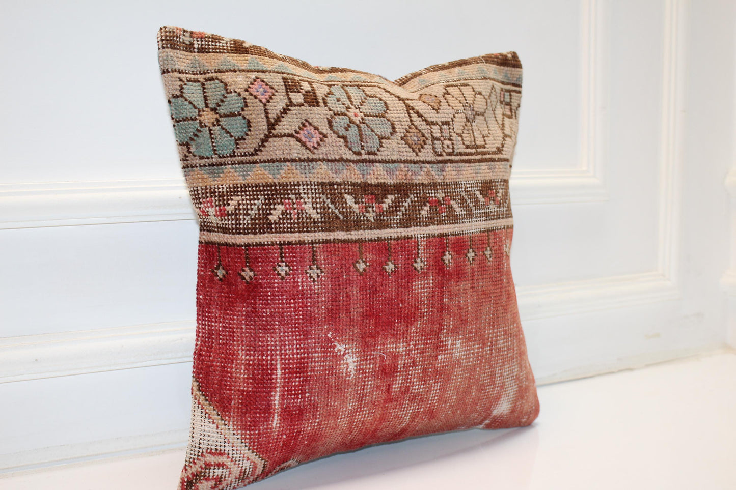 Red Floral Kilim Pillow Cover, Distressed Anatolian, Boho Home Decor (16x16 in)