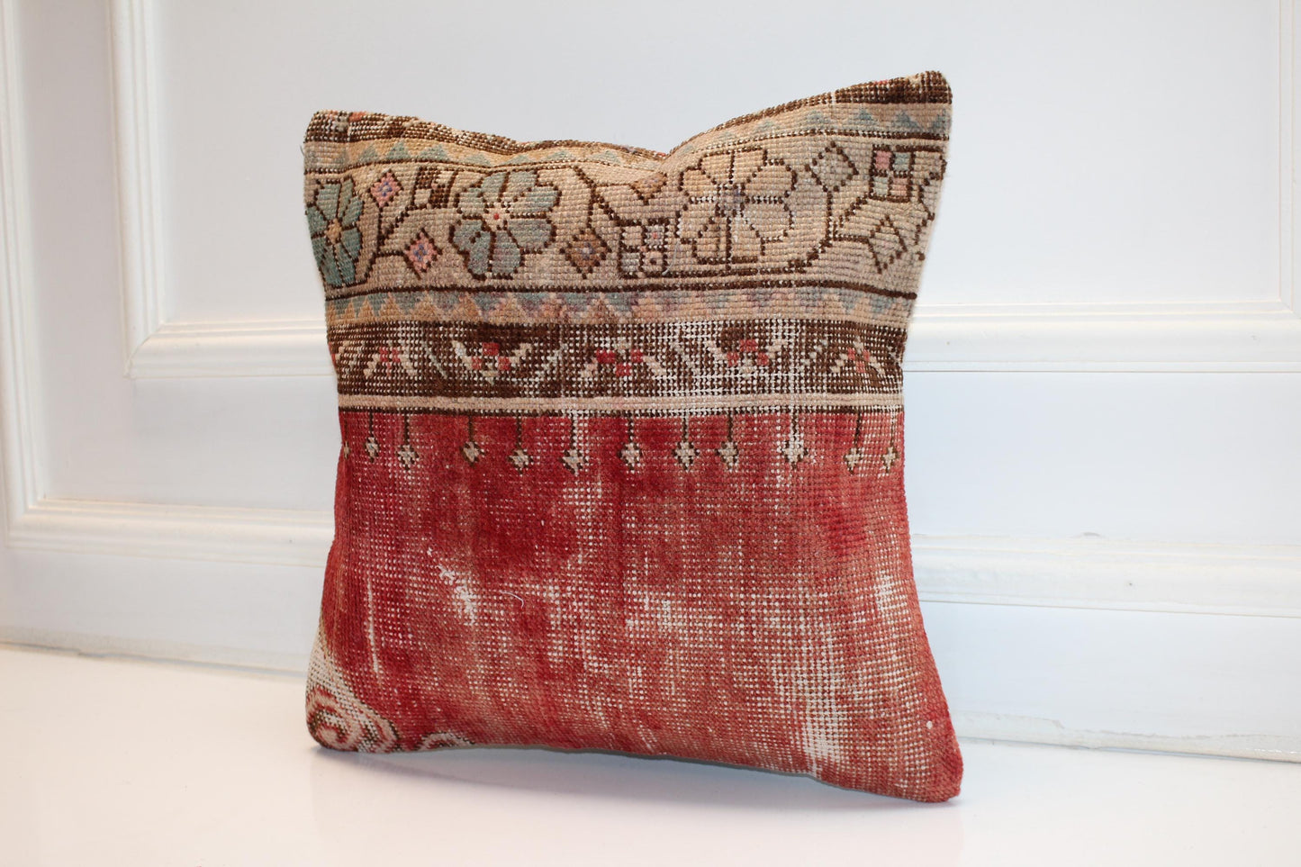 Red Floral Kilim Pillow Cover, Distressed Anatolian, Boho Home Decor (16x16 in)