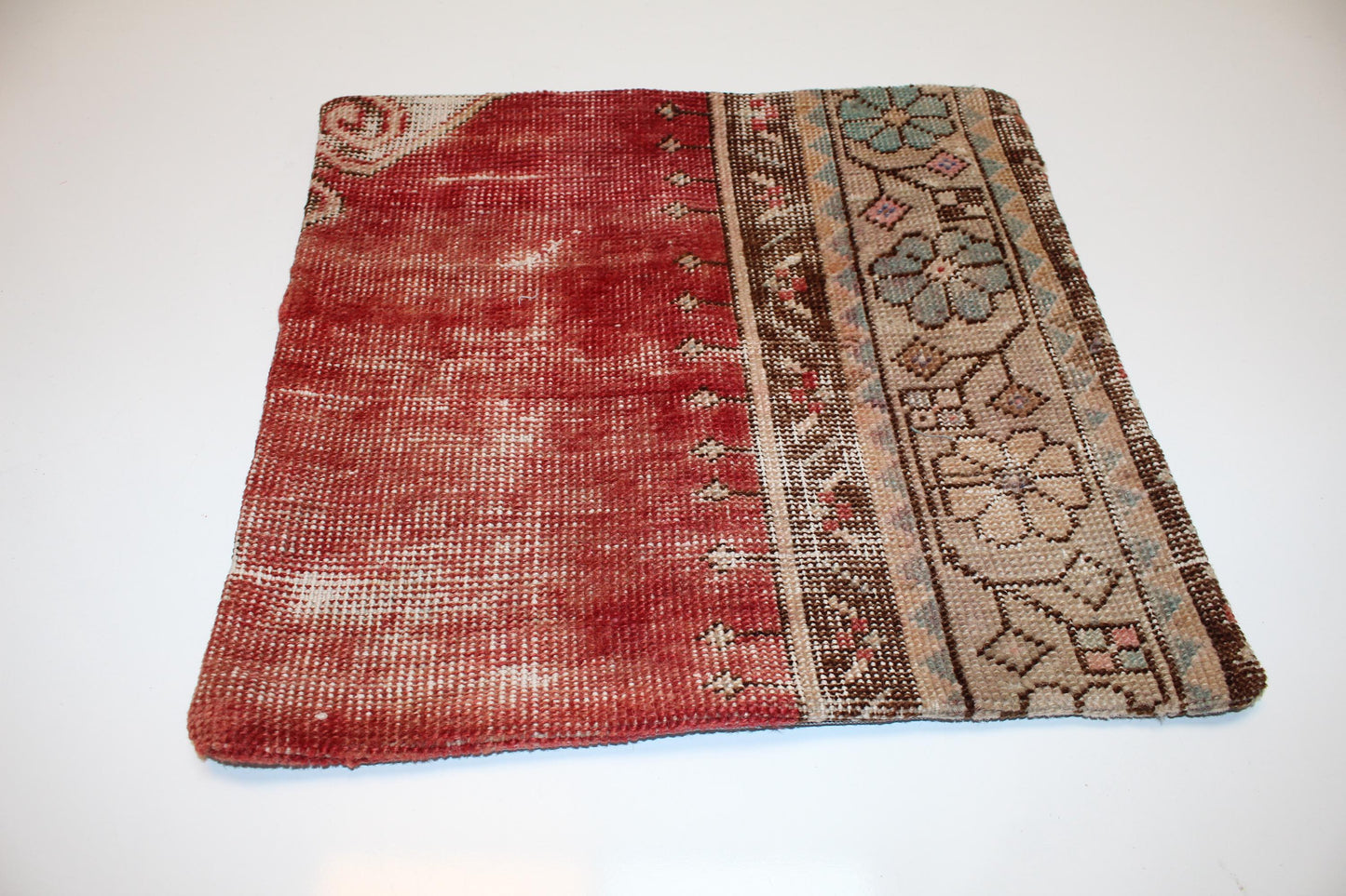 Red Floral Kilim Pillow Cover, Distressed Anatolian, Boho Home Decor (16x16 in)