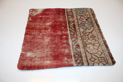 Red Floral Kilim Pillow Cover, Distressed Anatolian, Boho Home Decor (16x16 in)