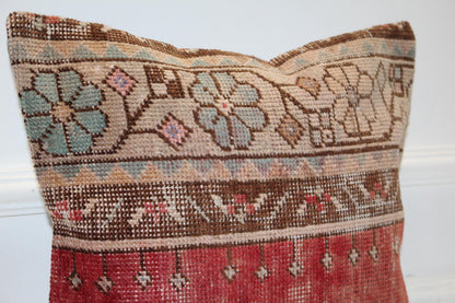 Red Floral Kilim Pillow Cover, Distressed Anatolian, Boho Home Decor (16x16 in)