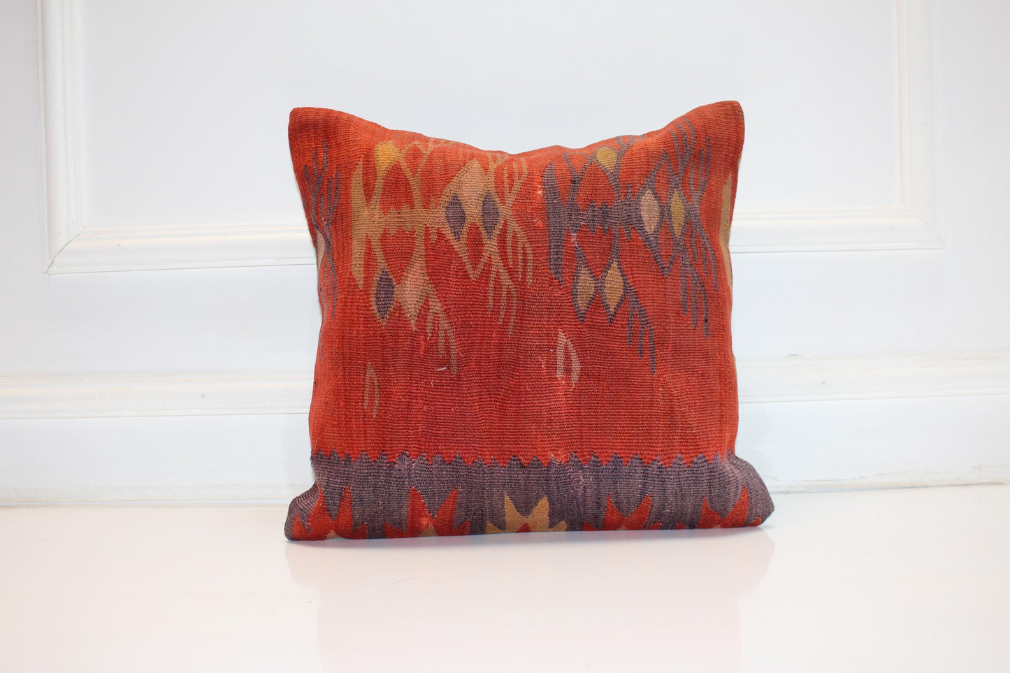 Handmade Kilim Pillow Cover, Red Ikat Style, Boho Decor (16x16 in)