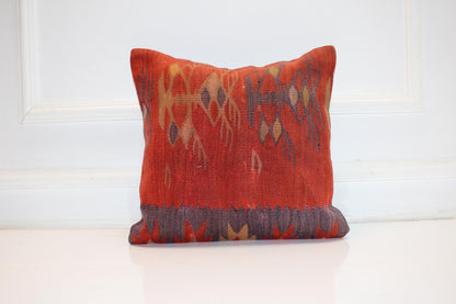 Handmade Kilim Pillow Cover, Red Ikat Style, Boho Decor (16x16 in)