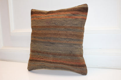 Striped Kilim Pillow Cover, Earth Tone Woven Rug, Boho Decor (16x16 in)