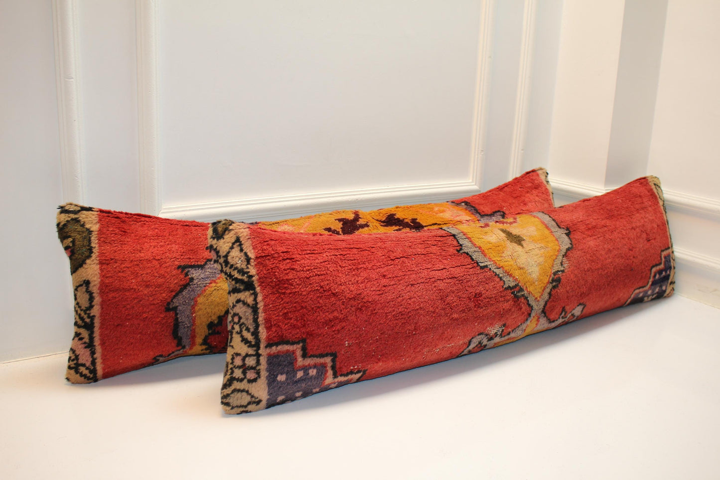 Set of 2 Vintage Turkish Rug Lumbar Pillows (12x48)