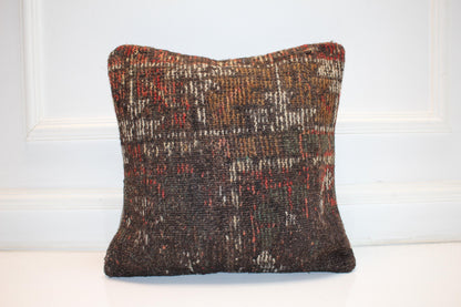 Rustic Brown Lumbar Cushion, Handwoven Anatolian Rug Pillow, Boho Ethnic Home Decor(16x16 in)