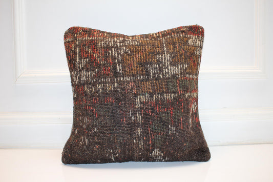 Rustic Brown Lumbar Cushion, Handwoven Anatolian Rug Pillow, Boho Ethnic Home Decor(16x16 in)