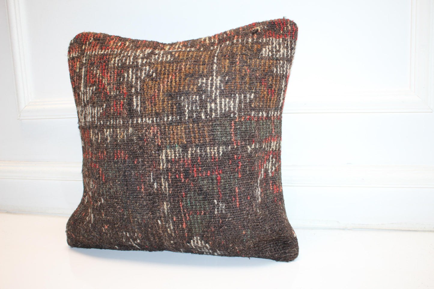 Rustic Brown Lumbar Cushion, Handwoven Anatolian Rug Pillow, Boho Ethnic Home Decor(16x16 in)