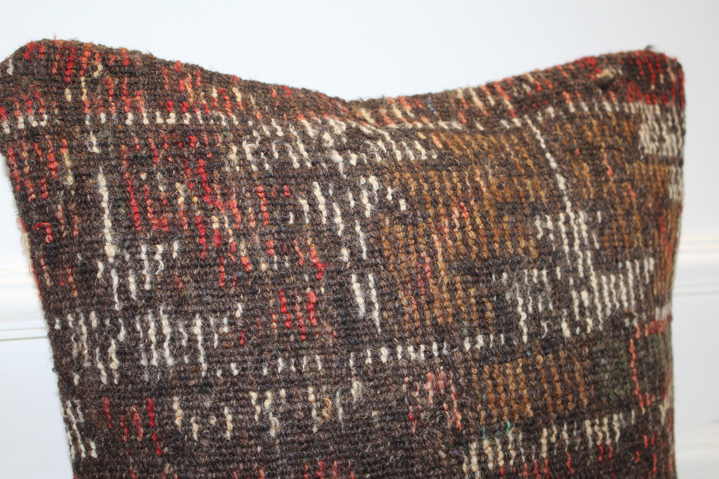 Rustic Brown Lumbar Cushion, Handwoven Anatolian Rug Pillow, Boho Ethnic Home Decor(16x16 in)