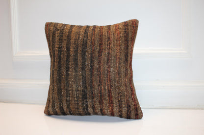 Earth Tone Rustic Cushion, Handwoven Anatolian Rug Pillow, Boho Neutral Decor(16x16 in)