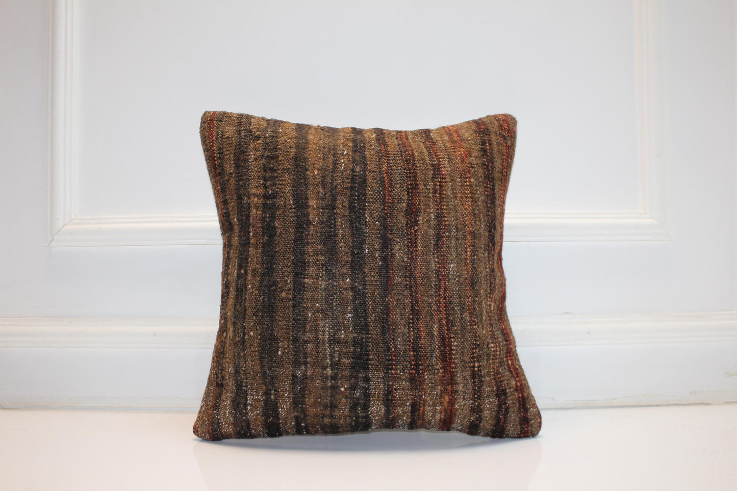 Earth Tone Rustic Cushion, Handwoven Anatolian Rug Pillow, Boho Neutral Decor(16x16 in)