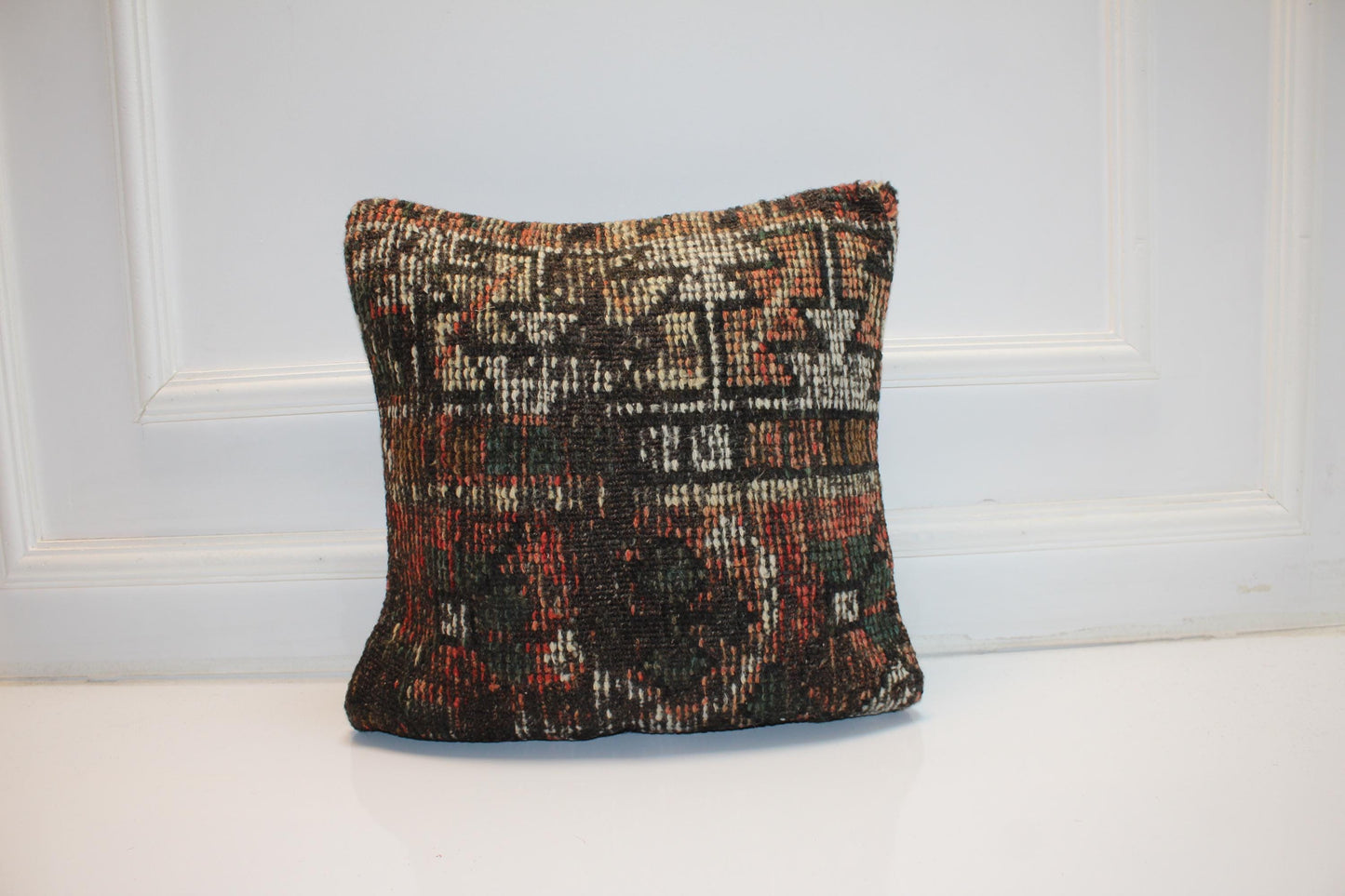 Handwoven Anatolian Pillow Cover, Geometric Earth Tone Rug Cushion (16x16 in)