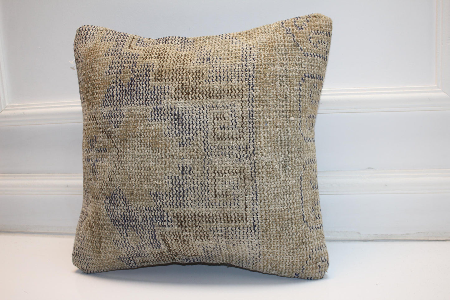 Neutral Beige Geometric Rug Cushion, Minimal Handwoven Anatolian Pillow, Soft Boho Decor(16x16 in)