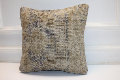 Neutral Beige Geometric Rug Cushion, Minimal Handwoven Anatolian Pillow, Soft Boho Decor(16x16 in)