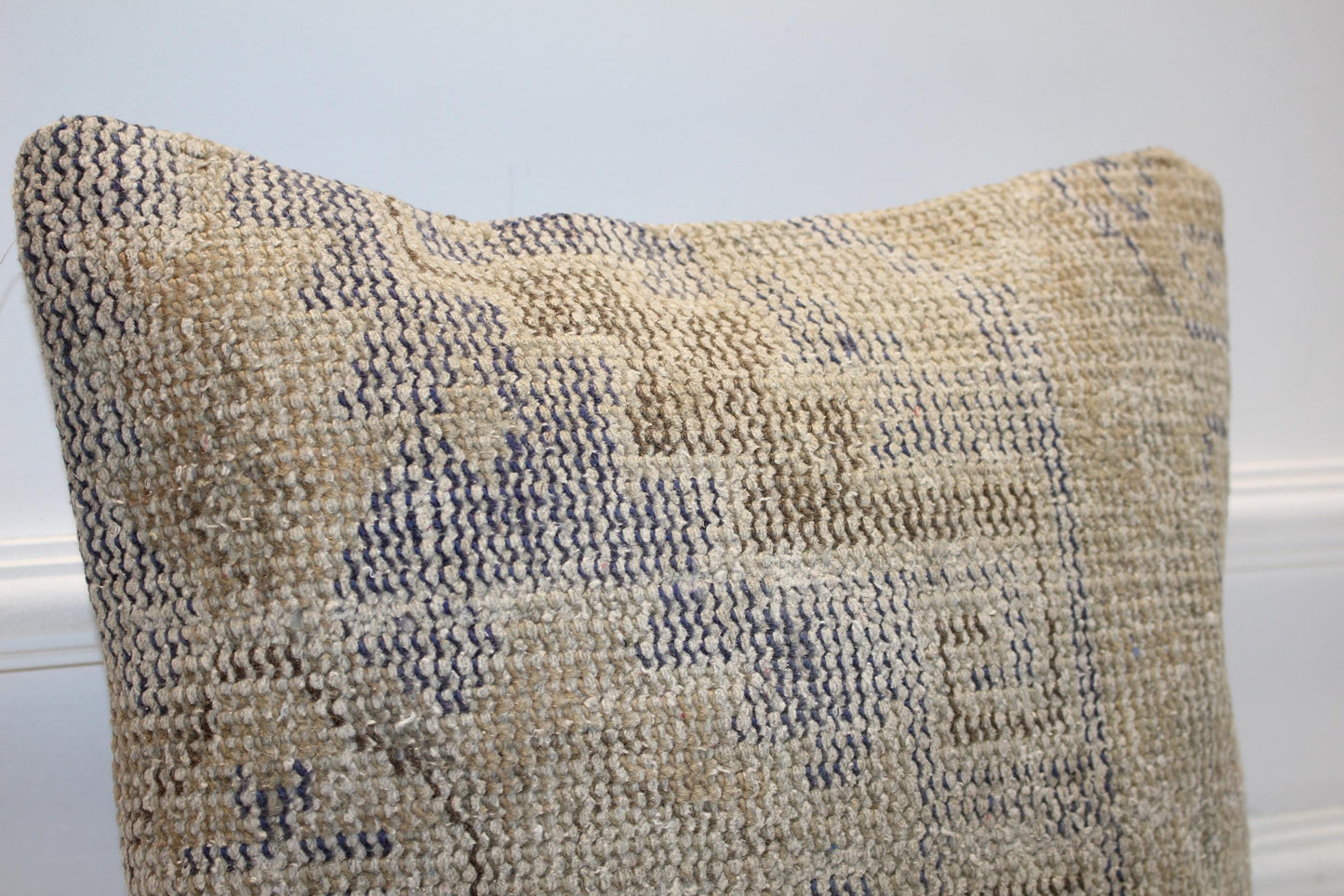Neutral Beige Geometric Rug Cushion, Minimal Handwoven Anatolian Pillow, Soft Boho Decor(16x16 in)