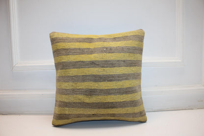 Yellow Gray Rug Cushion, Handwoven Anatolian Pillow, Modern Boho Home Decor(16x16 in)