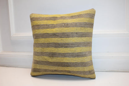 Yellow Gray Rug Cushion, Handwoven Anatolian Pillow, Modern Boho Home Decor(16x16 in)