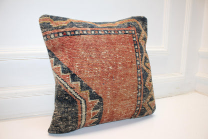 Terracotta Border Rug Cushion, Handwoven Anatolian Pillow, Classic Boho Ethnic Decorr(16x16 in)