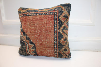 Terracotta Border Rug Cushion, Handwoven Anatolian Pillow, Classic Boho Ethnic Decorr(16x16 in)