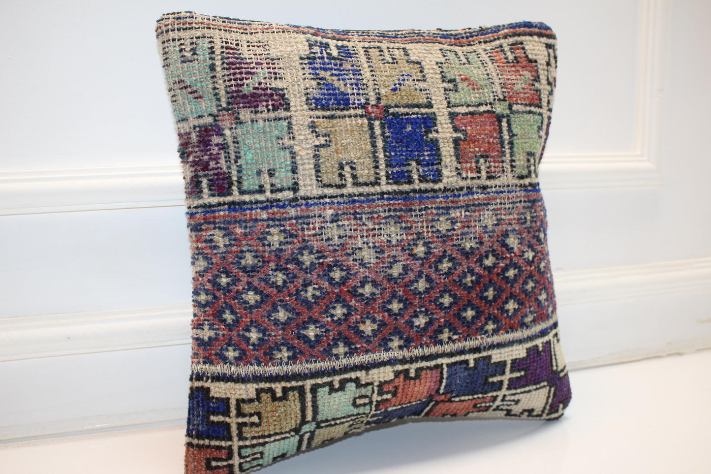 Tribal Striped Rug Cushion, Handwoven Anatolian Pillow, Rustic Boho Ethnic Decor(16x16 in)