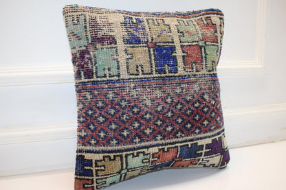 Tribal Striped Rug Cushion, Handwoven Anatolian Pillow, Rustic Boho Ethnic Decor(16x16 in)