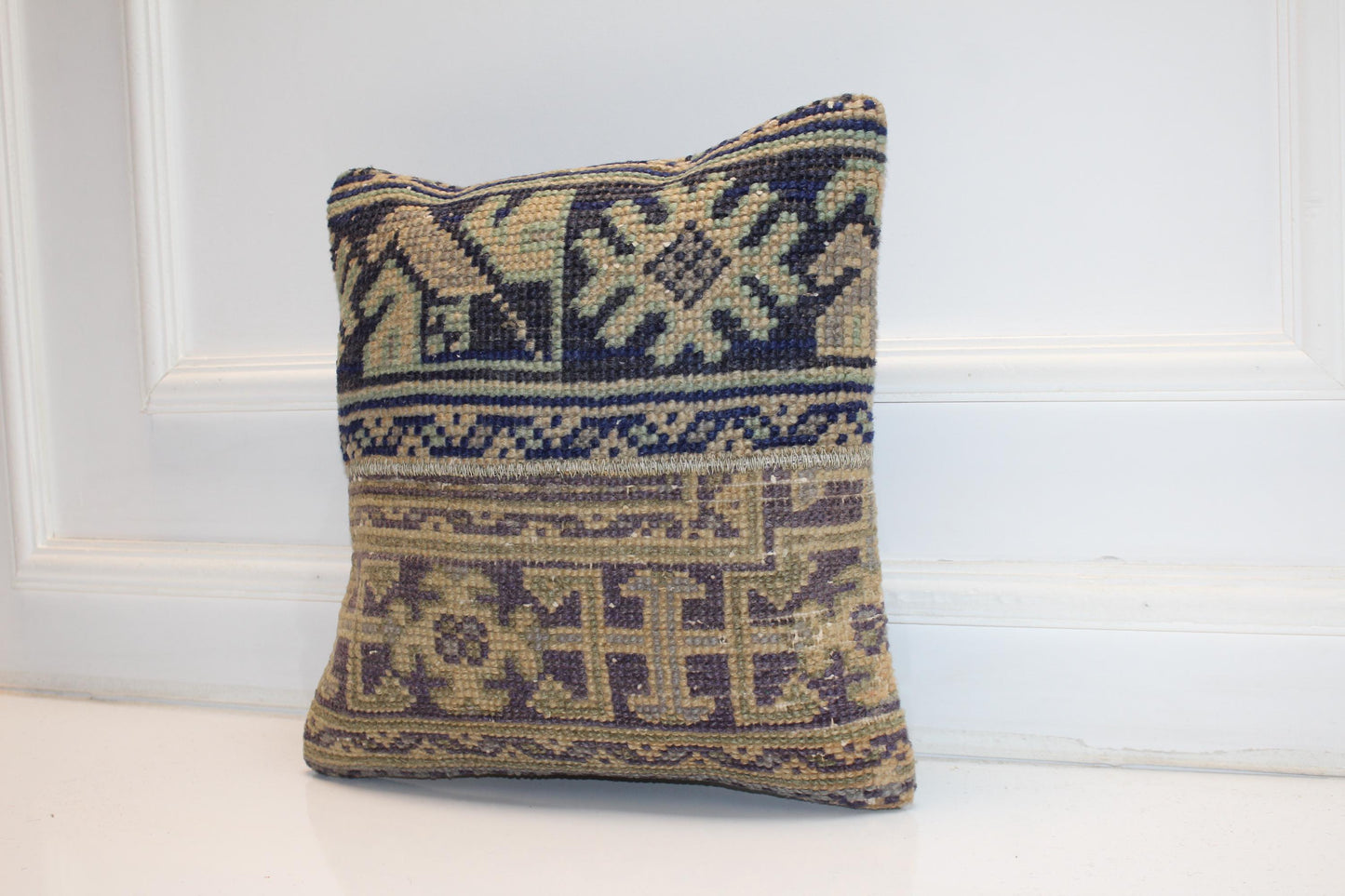 Geometric Anatolian Rug Cushion, Earth Tone Handwoven Pillow, Classic Boho Ethnic Decor(16x16 in)