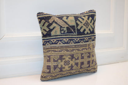 Geometric Anatolian Rug Cushion, Earth Tone Handwoven Pillow, Classic Boho Ethnic Decor(16x16 in)