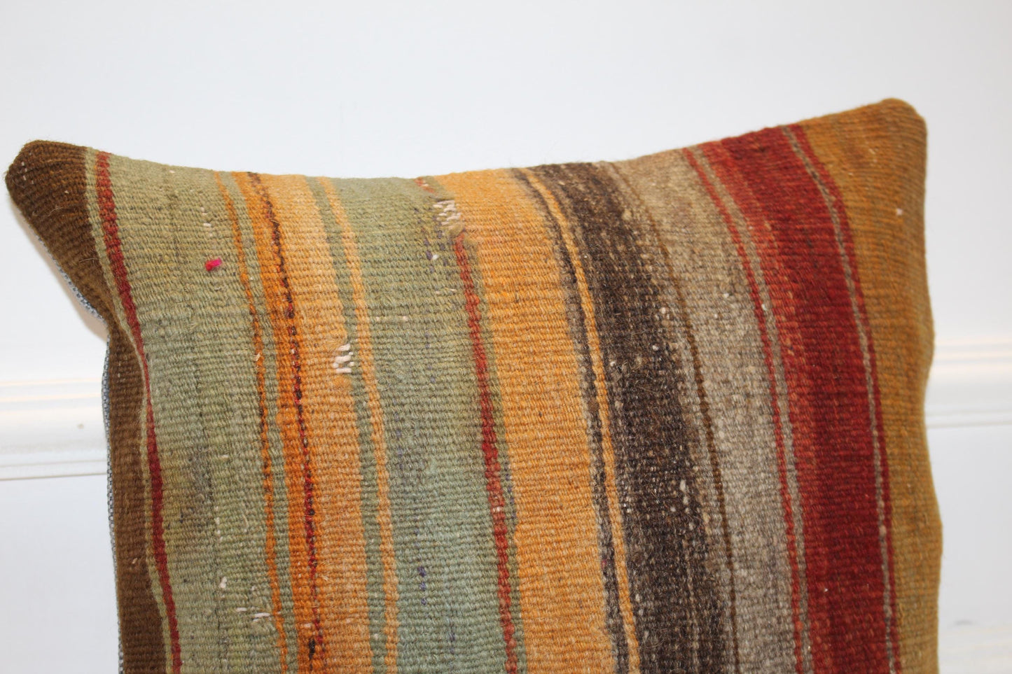 Striped Anatolian Rug Cushion, Boho Rustic Decor, Earth Tone Handmade Kilim Pillow (16x16 in)
