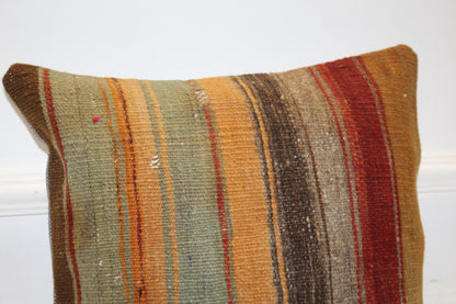 Striped Anatolian Rug Cushion, Boho Rustic Decor, Earth Tone Handmade Kilim Pillow (16x16 in)