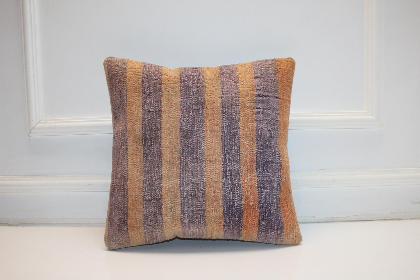 Striped Kilim Pillow Cover, Neutral Earth Tone Boho Cushion (16x16 in)