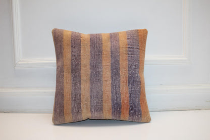 Striped Kilim Pillow Cover, Neutral Earth Tone Boho Cushion (16x16 in)