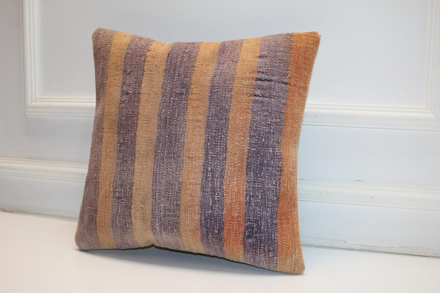 Striped Kilim Pillow Cover, Neutral Earth Tone Boho Cushion (16x16 in)