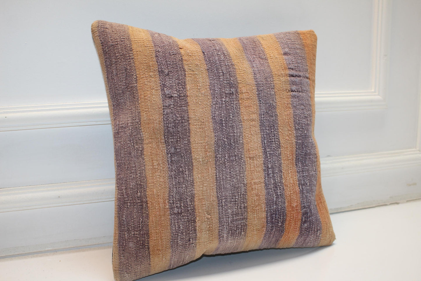 Striped Kilim Pillow Cover, Neutral Earth Tone Boho Cushion (16x16 in)