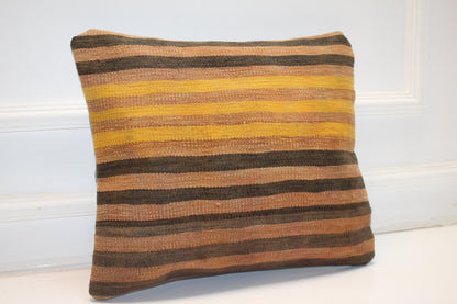 Striped Kilim Pillow Cover, Yellow Brown Earth Tone, Boho Cushion (16x16 in)