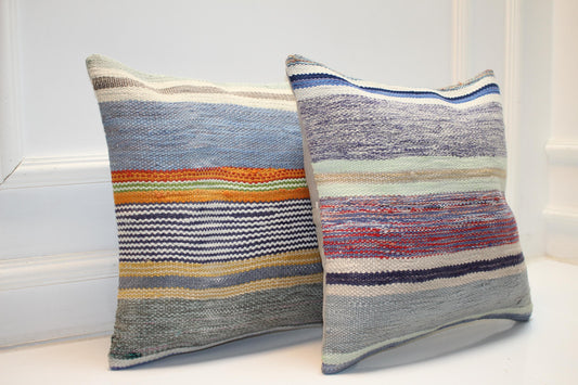 Set of 2 Vintage Turkish Kilim Pillow Covers, Boho Decor (16x16 in)