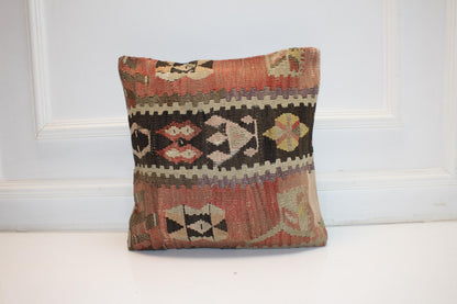 Geometric Anatolian Rug Cushion, Tribal Boho Decor, Handmade Ethnic Kilim Pillow(16x16 in)
