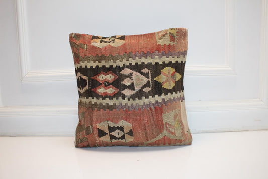 Geometric Anatolian Rug Cushion, Tribal Boho Decor, Handmade Ethnic Kilim Pillow(16x16 in)