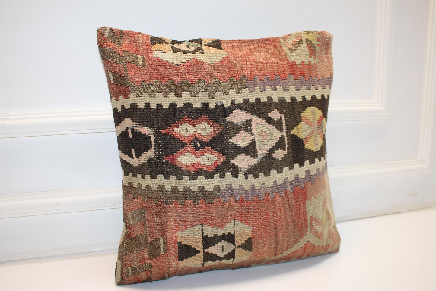 Geometric Anatolian Rug Cushion, Tribal Boho Decor, Handmade Ethnic Kilim Pillow(16x16 in)