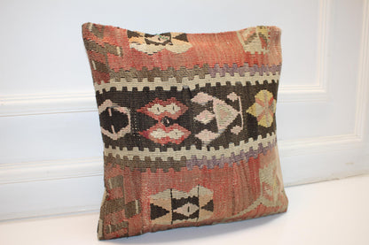 Geometric Anatolian Rug Cushion, Tribal Boho Decor, Handmade Ethnic Kilim Pillow(16x16 in)